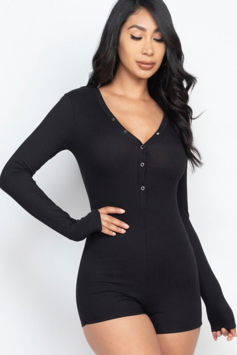 Long sleeve button up V-neck night romper