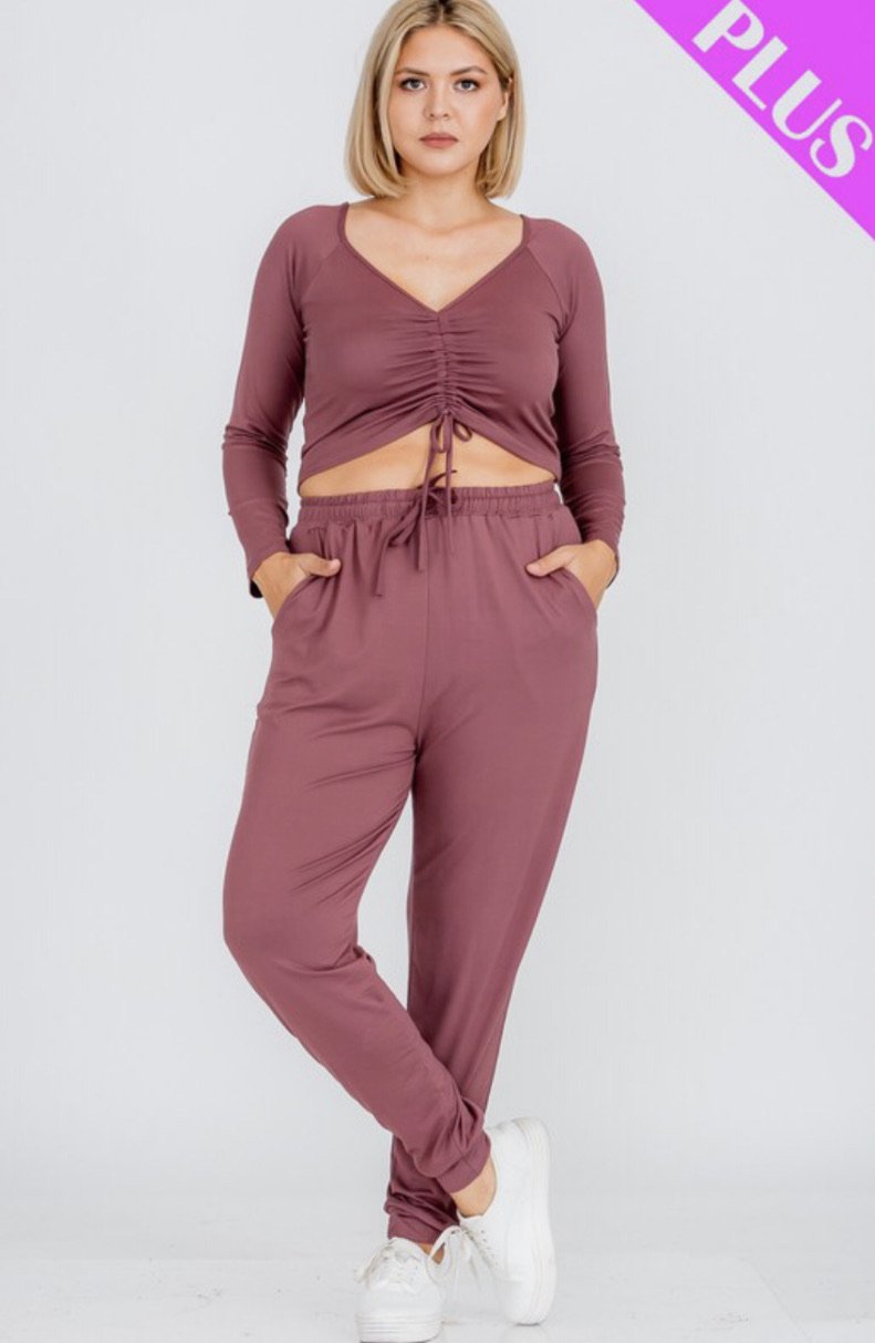 PLUS- HIGH WAISTED LOOSE FIT JOGGERS (BURGUNDY)